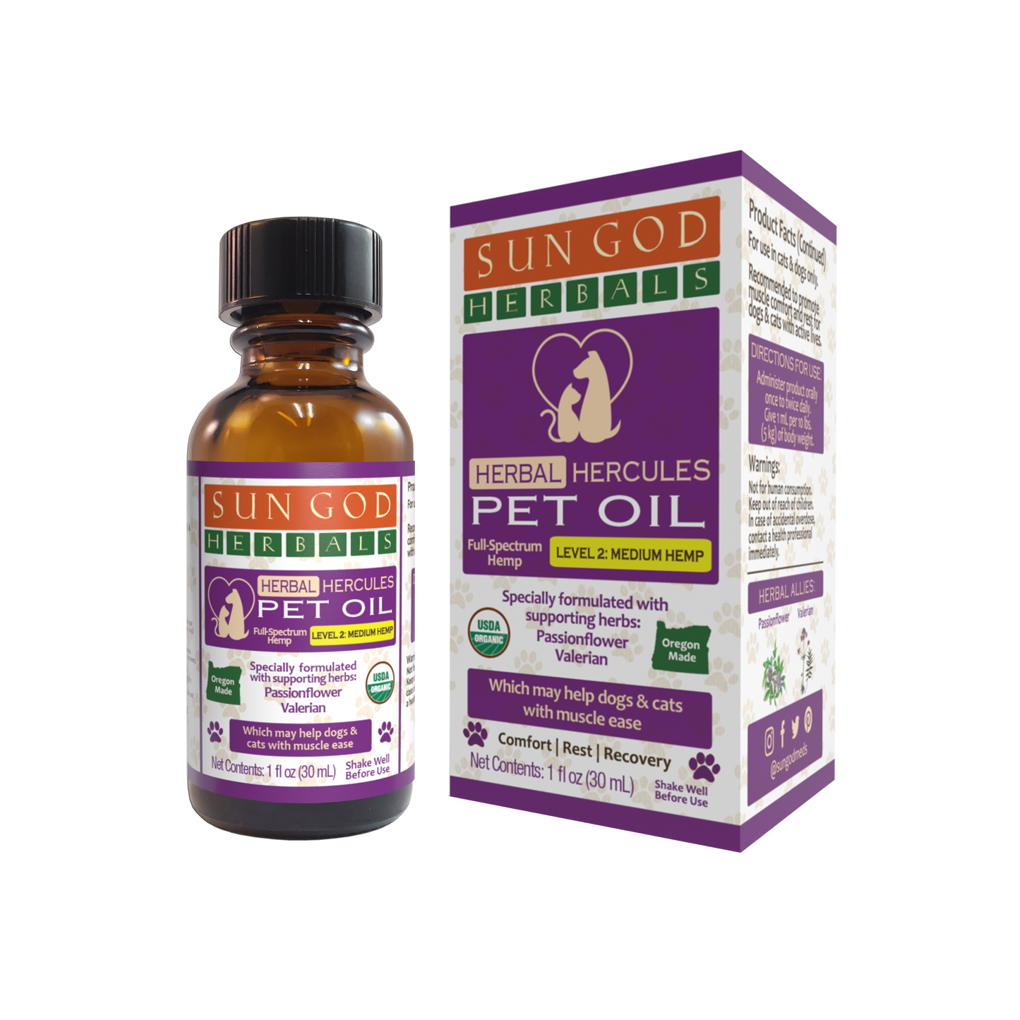 Sun God Medicinals - Organic Hercules Hemp Pet Oil – Herbal Support for Muscles 250 mg CBD