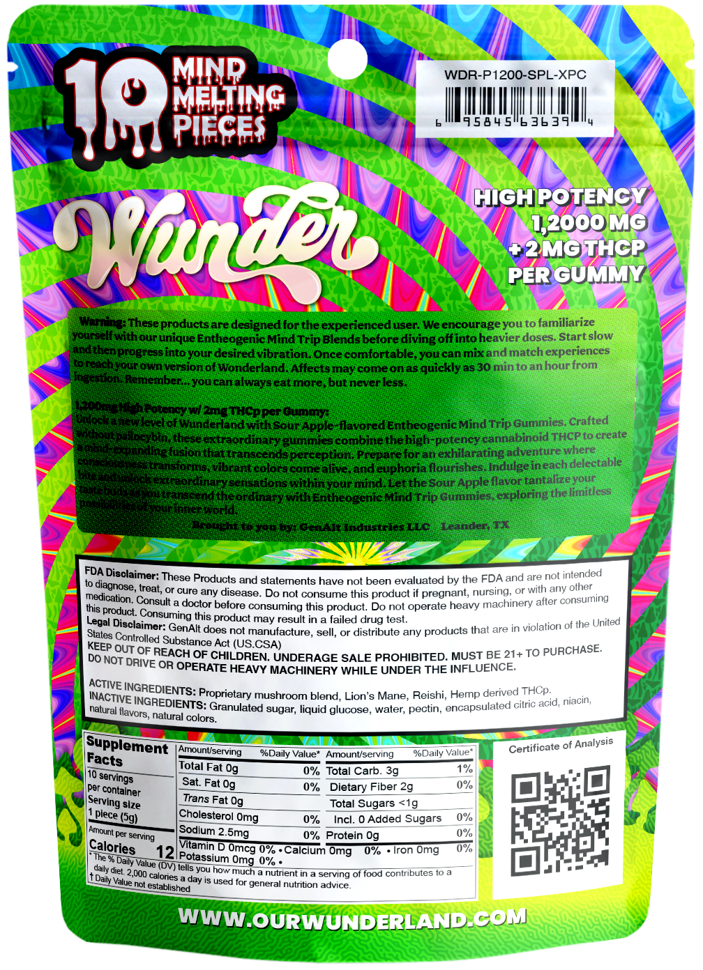 Wunder High Potency Mushroom Gummies — Sour Apple (12,000 mg blend)